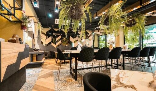 Modern cafe interior with stylish furniture and plant decoration