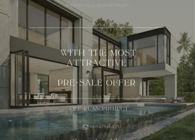 Modern house exterior with pool and patio in a pre-sale offer