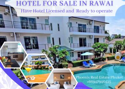 Exterior view of a Hotel in Rawai for sale, featuring a swimming pool and multiple balconies
