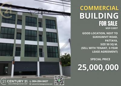 Commercial building for sale next to Sukhumvit, Pattaya. Sea Side, Jomtien, Pattaya Sale with tenant, 3-year lease, 50,000 baht per month.