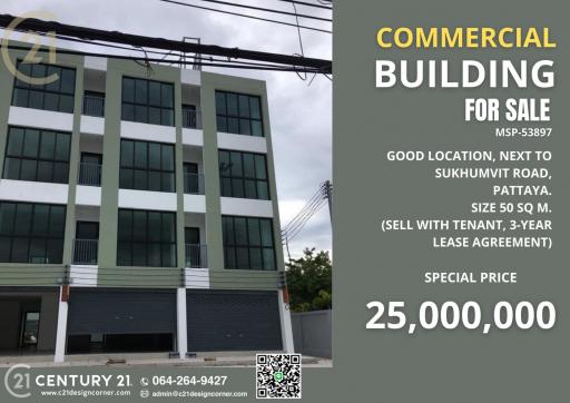 Commercial building for sale next to Sukhumvit, Pattaya. Sea Side, Jomtien, Pattaya Sale with tenant, 3-year lease, 50,000 baht per month.