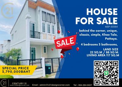 2 storey townhouse for sale, 4 bedrooms, 3 bathrooms, behind the corner, unique, classic, simple, Khao Talo, Pattaya.