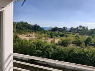 Balcony view overlooking greenery and the ocean