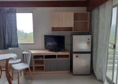 Compact living room with entertainment unit, refrigerator, and dining area