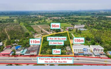 Aerial view of expansive property adjacent to Four-Lane Highway 3218 Road in Hin Lek Fai, Hua Hin, highlighting land dimensions and surrounding area