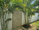 Outdoor shower area surrounded by palm trees