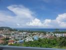 Panoramic ocean view from a high vantage point with clear skies and urban landscape