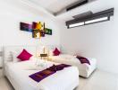 Bright and colorful twin bedroom with modern amenities