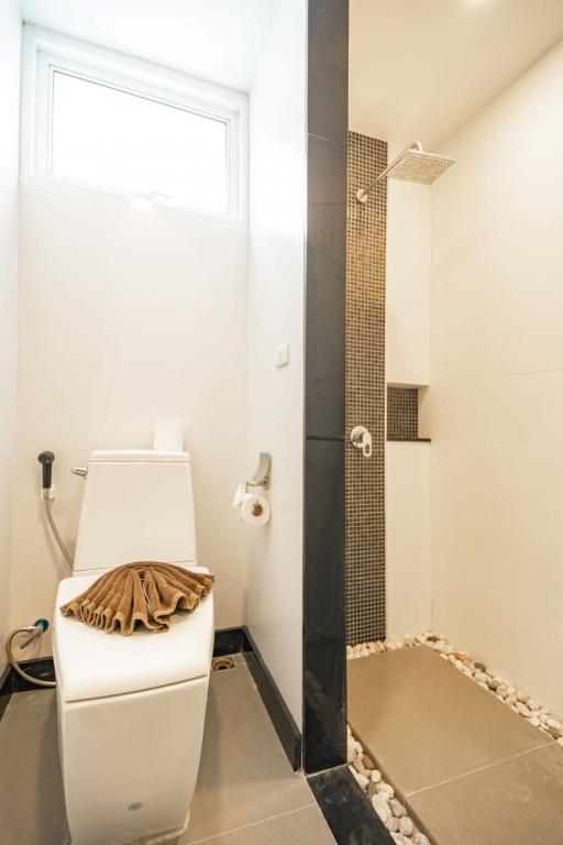 Modern bathroom interior with a white toilet and walk-in shower