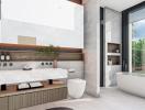 Modern bathroom with double vanity and freestanding tub