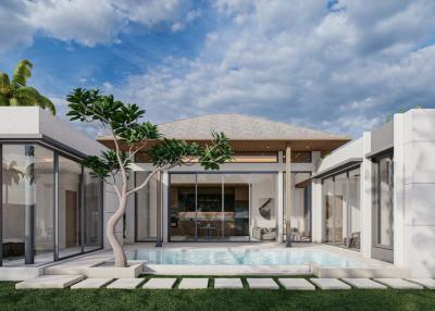Modern house exterior with swimming pool and patio area