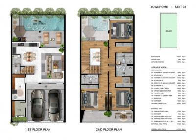 Detailed two-story townhome floor plan with labeled areas and dimensions
