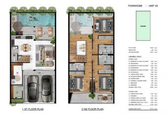 Detailed two-story townhome floor plan with labeled areas and dimensions