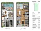 Detailed two-story townhome floor plan with labeled areas and dimensions