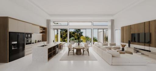 Spacious open plan living room with adjacent kitchen and dining area bathed in natural light