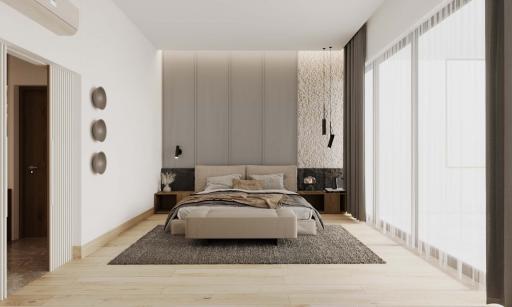 Modern spacious bedroom with elegant design and ample natural light