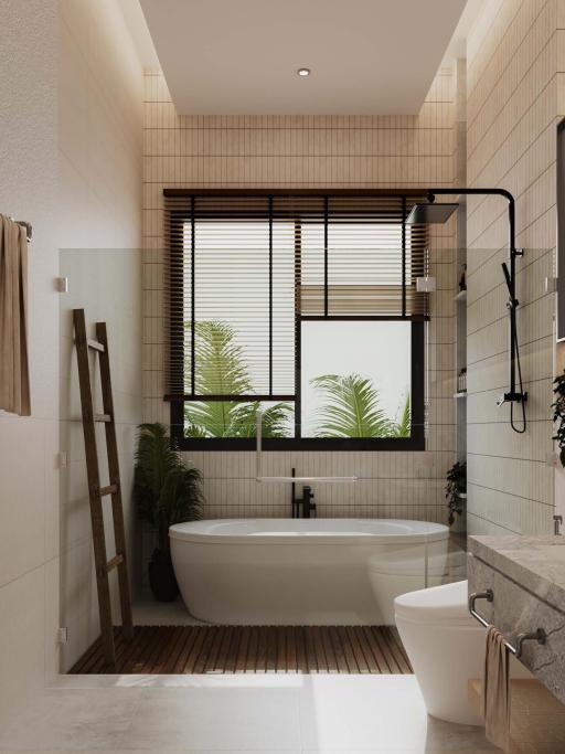 Modern bathroom interior with a freestanding tub, elegant tiling, and natural light