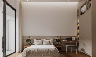 Modern bedroom with large window and minimalist decor