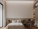 Modern bedroom with large window and minimalist decor