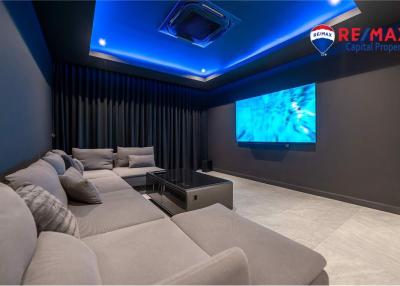 Modern home theater room with large screen and comfortable seating
