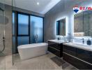 Modern bathroom with freestanding bathtub and walk-in shower