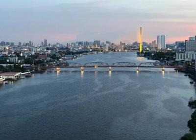 Panoramic river view with bridges and cityscape during sunset
