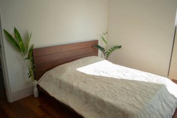 Cozy bedroom with a wooden bed frame and natural light