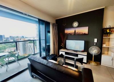 Modern living room with city view