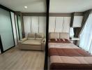 Modern bedroom with a comfortable bed and sliding wardrobe doors