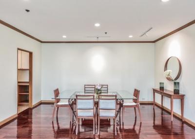 Spacious dining room with hardwood floors and contemporary furniture