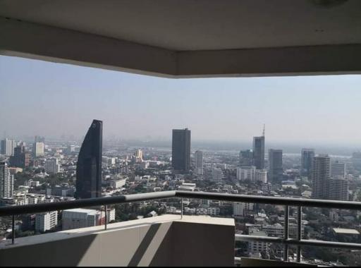 Panoramic city view from high-rise apartment balcony