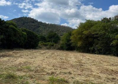 Expansive outdoor area with cleared land and scenic mountain view under a blue sky with clouds