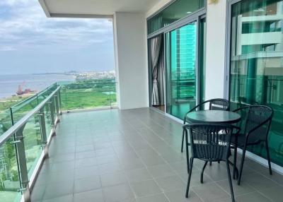 Spacious balcony with outdoor seating and panoramic view