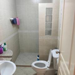 Small tiled bathroom with toilet and shower area