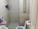 Small tiled bathroom with toilet and shower area