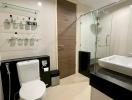 Modern bathroom with shower and ample storage space