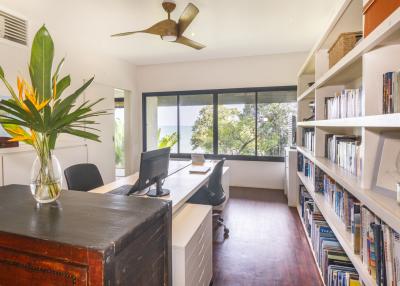 Bright home office with large windows and a bookshelf