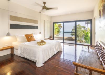 Spacious bedroom with a scenic ocean view, hardwood floors, and a large window