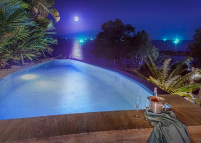 Elegant outdoor pool overlooking the night sky with a full moon reflecting on the water