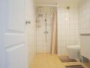 Bright clean bathroom with shower and toilet