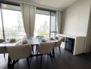 Modern dining room with natural light and city view