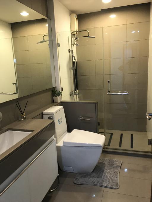 Modern bathroom with walk-in shower and toilet