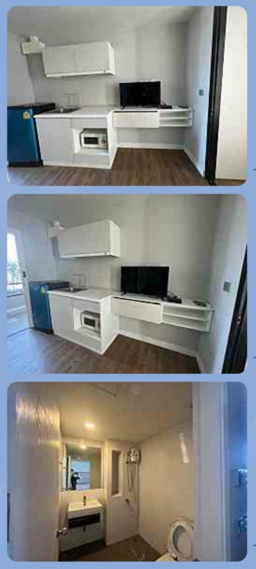 Collage of various rooms in a modern apartment, including living room, kitchen, and bathroom