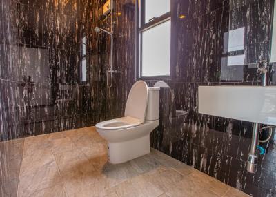 Modern bathroom with dark marble walls and floor