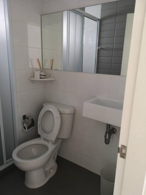 Compact bathroom with white ceramics and modern fixtures