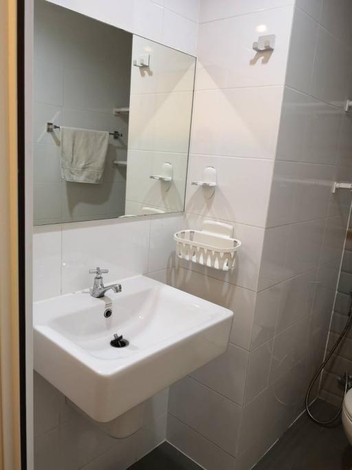 Modern minimalist bathroom with white ceramic sink and wall-mounted mirror