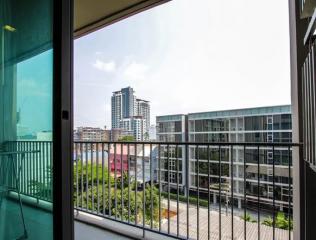 Spacious balcony with a city view