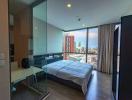 Modern bedroom with city view and ample natural light