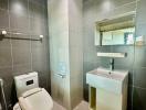 Modern bathroom interior with wall tiles and equipped with toilet and sink