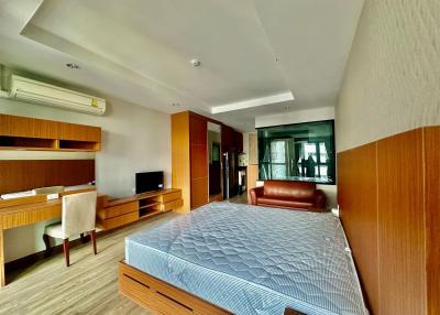 Spacious bedroom with modern furniture and plenty of natural light